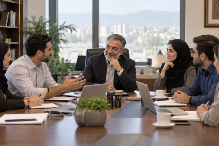مدیری در حال گوش دادن به صحبت های کارکنان است.